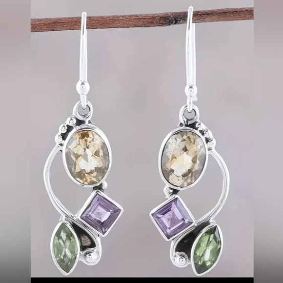 Silver Earrings with Citrine, Amethyst & Peridot #408 - Picture 2 of 5